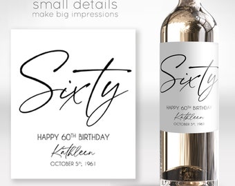 SIXTY - 60th Birthday Wine Label - Personalized Birthday Label - Birthday Gift for Women