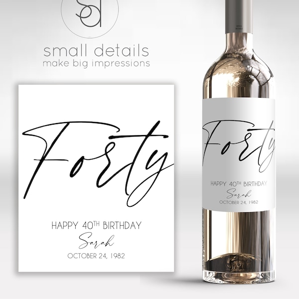 FORTY - 40th Birthday Wine Label - Personalized Birthday Label - Birthday Gift for Women