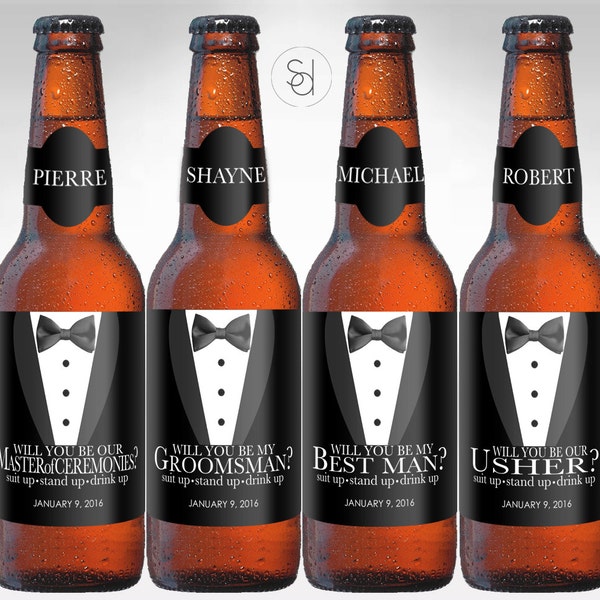 Will you be my Groomsman? Best Man, Usher, or Master of Ceremonies Beer bottle labels - Personalized Wedding Party bottle labels