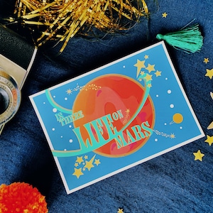 Carte postale La vie sur Mars, impression paroles A6 de David Bowie, impression de citation d'art musique illustrée, détails dorés, carte colorée chanson pop, Fan Art