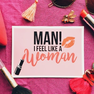 Tekst pocztówki Man I Feel Like a Woman, Shania Twain A6 Print, Ilustrowany cytat z muzyki, Kolorowa karta z piosenką pop, Fan art club