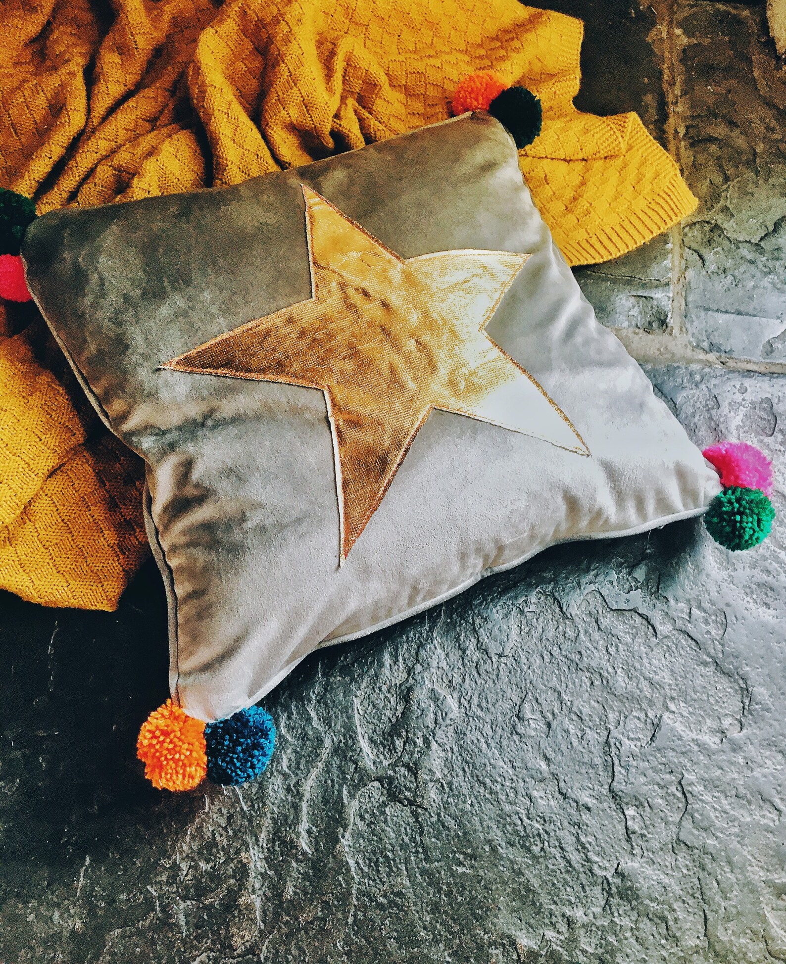 Velvet Star Cushion Pom Pom Soft Furnishings Zingy Gold Etsy
