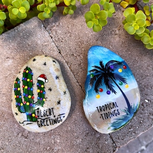 Christmas Cactus, Christmas Palm Tree, Desert Christmas, Tropical Christmas, Beach Christmas, Beach painting, cactus painting, rock painting
