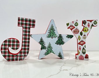 Estatua de letra de alegría, bloques navideños, decoración navideña, decoración de mesa, decoración de letreros de alegría, letras de bloque de alegría, decoración de invierno, Navidad de madera