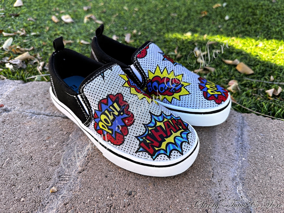 Custom Shoes, Comic Book Print, Comic Book Shoes, Boy Shoes, Pow, Bang, Wham, Boom, Decoupage