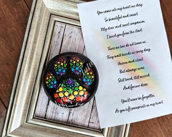 Regenboogbrugcadeau, verlies van huisdier, cadeau huisdierverlies, aangepaste huisdier gedenksteen, regenboogrots, Painted Rock, herdenkingscadeau, pootafdruk, hondencadeau