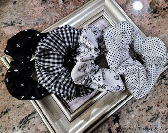 Black and white scrunchies, Black and white scrunchy set, Scrunchy set, Set of 4 scrunchies, scrunchy pack, polka dot scrunchy, floral