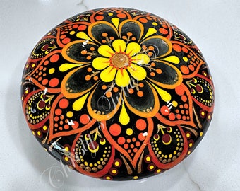 Painted Rock, Painted Mandala, Flower Mandala, Sunflower mandala, painted sunflower, Homemade rock, painted rock, paper weight, plant decor