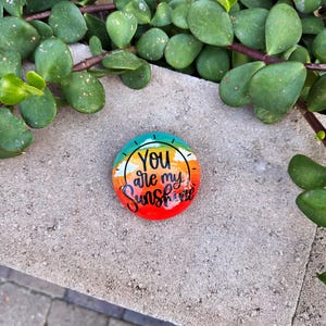 Op de afbeelding: Een beschilderde steen met een regenboogachtergrond en de woorden "You are my Sunshine" in zwarte letters.