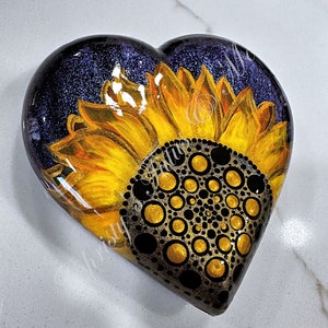 Painted Rock, Painted Mandala, painted heart rock, Homemade rock, Painted Sunflower, Sunflower, painted rock, paper weight, plant decor