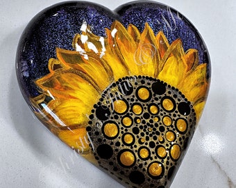 Geschilderde rots, geschilderde mandala, geschilderde hartsteen, zelfgemaakte rots, geschilderde zonnebloem, zonnebloem, geschilderde rots, presse-papier, plantdecor