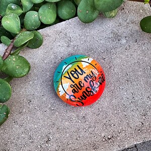 Op de afbeelding: Een beschilderde steen met een regenboogachtergrond en de woorden "You are my sunshine" in zwarte letters.