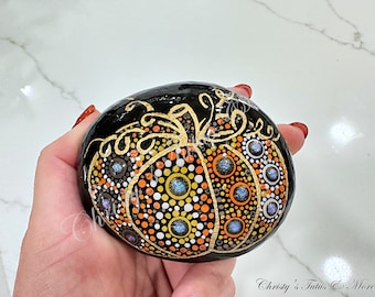 Halloween Painted Rock, Fall Painted Rock, Halloween decor, Painted rock, Fall Pumpkin, Pumpkin mandala, paper weight, plant decor