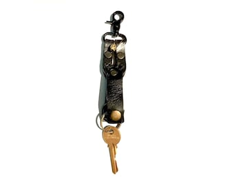 Brown Leather Key Chain - Mens - Bronze Skull Detail - Black Steel and Brass hardware - Super Safe Clasp