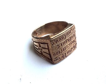 Noble African Vintage Signet Bronze Ring - Magic sequence of Numbers, Letters, and Symbols - 3/4" Square Face - Antiqued - Size 10 US