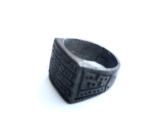 Signet Vintage Oxidized Sterling Silver 925 Ring - Black 3/4" Square Face - Antique Magic Design - Size 10 US