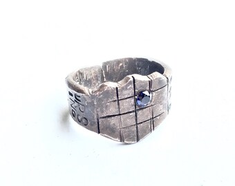 Silver Shield Signet Ring - Sterling Silver .925 with Faceted Lab Sapphire - Antiqued - Size 10 US