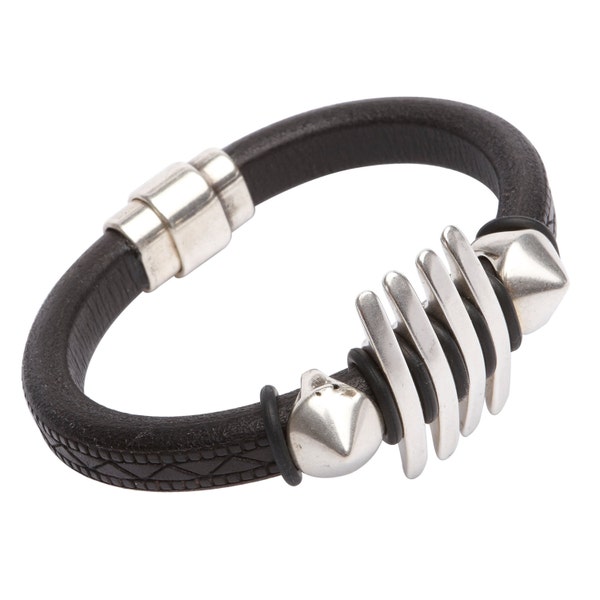 CLEARANCE - Gladiador - Hombres - Pulsera de cuero para mujer - Puño 7.5" muñeca - Negro texturado regaliz cuero - elementos de plata - M-Clasp