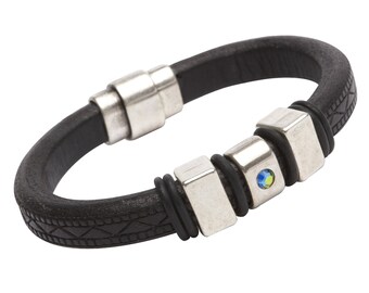 The Bishop - Mens Leather Bracelet - Cuff 7.5" wrist - Black Leather Cord with Silver Elements,  Swarovski crystals., and Magnetic Clasp.