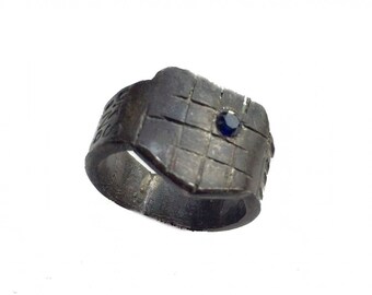 Black Shield Signet Ring - Sterling Silver .925 with Faceted Lab Sapphire , Handmade, Oxidized, and  Antiqued - Size 10 US