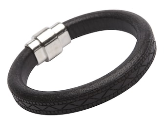 CLEARANCE - Plebeo BKTXTS - Mens Leather Bracelet - Cuff 7.5" wrist - Textured Licorice Black Leather with Antique Silver Magnetic Clasp.