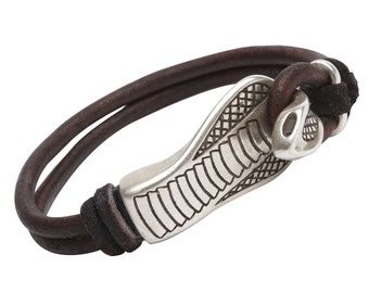 The Medianic - Mens - Womens  Leather Bracelet - 7.5" Wrist Cuff - Dark Brown Distressed Round Leather Cords and Cobra Steel Clasp