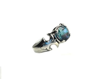 The SS FD Top 8 - Ring - Womens - Sterling Silver Fleur-de-Lis Shaped with Round 8mm Rainbow Topaz Faceted Stone