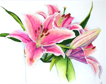 Pink Lilies 8" x 10" Original Watercolor Illustration
