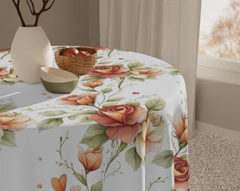 Obrus w akwarelowym stylu vintage z różami | Kwiatowy wzór toile, delikatne brzoskwiniowe róże