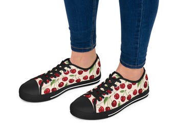 Zapatillas bajas para mujer con estampado de cerezas rojas / Zapatos con estampado de cerezas