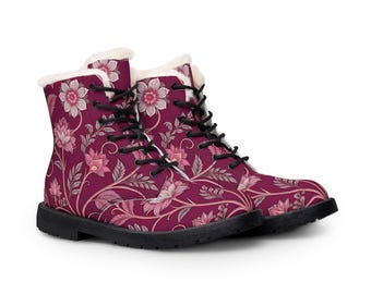 Pink Floral Pattern Boots | Fur Lined Leather Ankle Boots