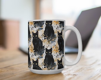 Taza de cerámica con ilustración de gato negro / Arte felino travieso y acogedor (11 oz, 15 oz, 20 oz)