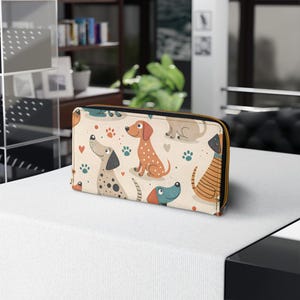 Carteira com zíper com estampa de cachorrinhos de desenho animado | Design fofo com pegadas de pata