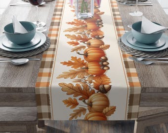 Caminho de mesa de abóbora para o Dia de Ação de Graças | Decoração de jantar em algodão e poliéster com tema de colheita de outono