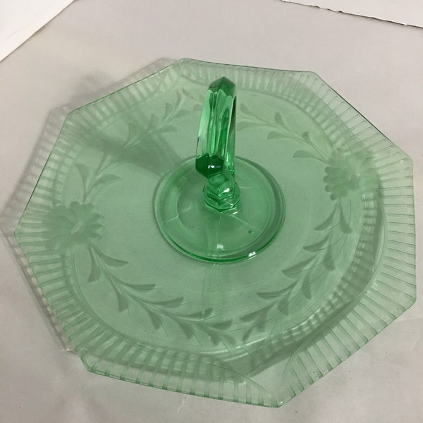 Green Glass Plate With Handle Etsy
