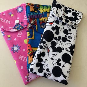Eyeglasses / Sunglasses case. Mickey Mouse, mermaid, Black and white Mickey, Peppa Pig, football,Purple flowers.