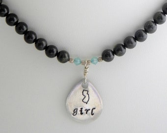 Hand stamped "Jersey Girl" artisan teardrop pewter pendant and genuine jasper gemstone sterling silver and swarovski crystal necklace