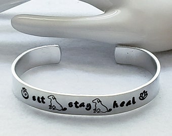 Dog lovers, meditation, "sit-stay-heal" Hand stamped sturdy aluminum cuff bracelet, meditation, yoga, chakra,dogs
