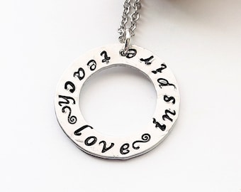Teach, love, inspire silver circle hand stamped pendant, stainless steel chain, teachers gift, necklace, thank you, inspiration, mentor
