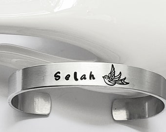 Cuff bracelet "Selah" bird stamp Hand stamped sturdy aluminum cuff bracelet,inspirational, faith, hope,bible,pause, reflect, meditate,custom