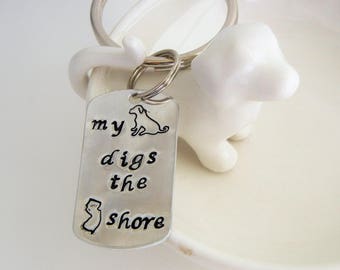 Handstamped "My dog digs the Jersey shore" dogtag, keyring, zipper pull, dog lover, beach lover, jersey shore, rescue dog, dogbeach