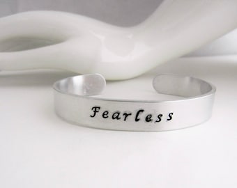 Fearless...Handstamped sturdy aluminum cuff bracelet, inspirational, believe, faith, strong,Olympic, athlete, strength, custom