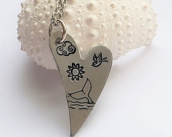 Heart, whale tail, mermaid tail, bird, sun, silver hand stamped pendant, stainless steel chain, minimalist necklace, fly, love, free spirit