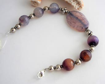 Genuine purple agate and sterling silver lobster bracelet with Bali sterling silver cross beads & large sterling silver seamless ball beads