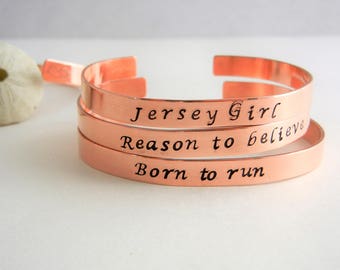 Handgestempeltes Armband aus Kupfer Jersey Girl, Reason to Believe, Born to run, New Jersey, Bruce, Down the Jersey Shore