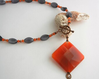 On Sale: Genuine fire agate, carnelian, gray cat's eye & copper wrapped front toggle necklace, copper, great 2" genuine fire agate gemstone
