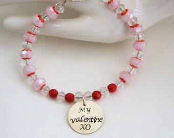 Hand stamped sterling silver "My Valentine XO" glass, crystal and coral charm bracelet, valentine, lover, hugs, kisses, love