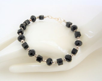 Diamond cut black glass, all sterling silver elegant lobster clasp adjustable bracelet
