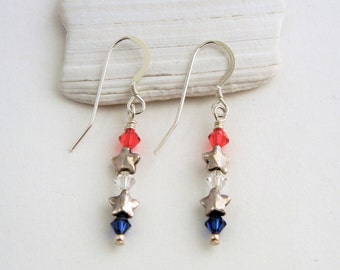 Red, white and blue swarovski crystal, sterling silver stars, hand wire wrapped sterling silver drop earrings, America,4th of July,U.S.A