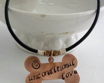 Hand stamped copper "unconditional love" dog bone pendant and black leather,sterling silver, brass personalized custom dog lovers necklace